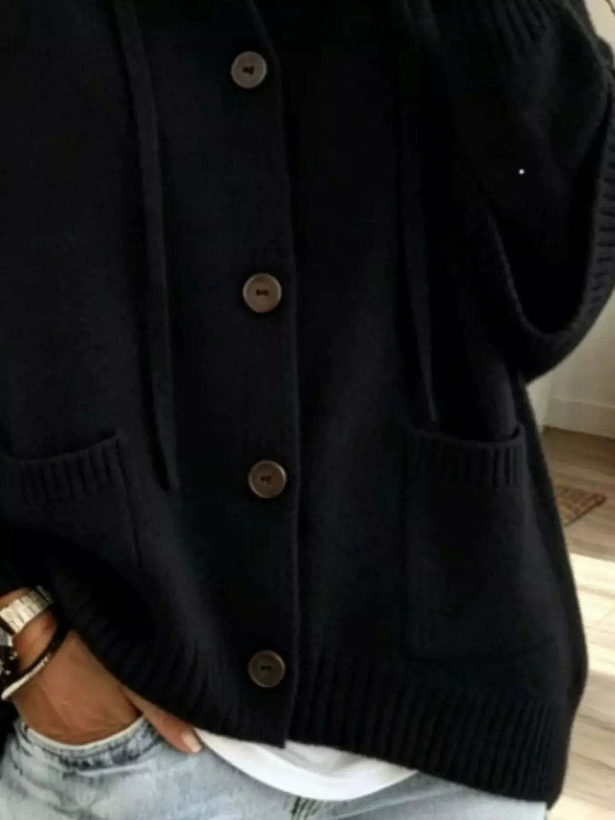 Full Size casual button-down knit cardigan in black with front pockets and ribbed cuffs