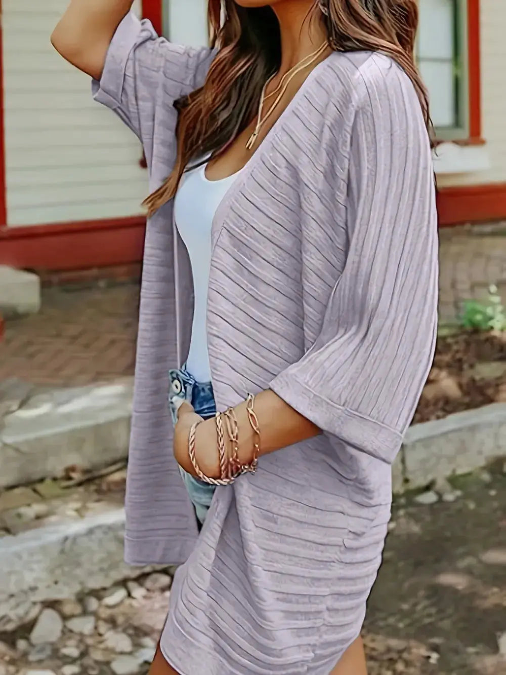 Striped open-front knit cardigan in lavender-gray acrylic, long relaxed layering piece