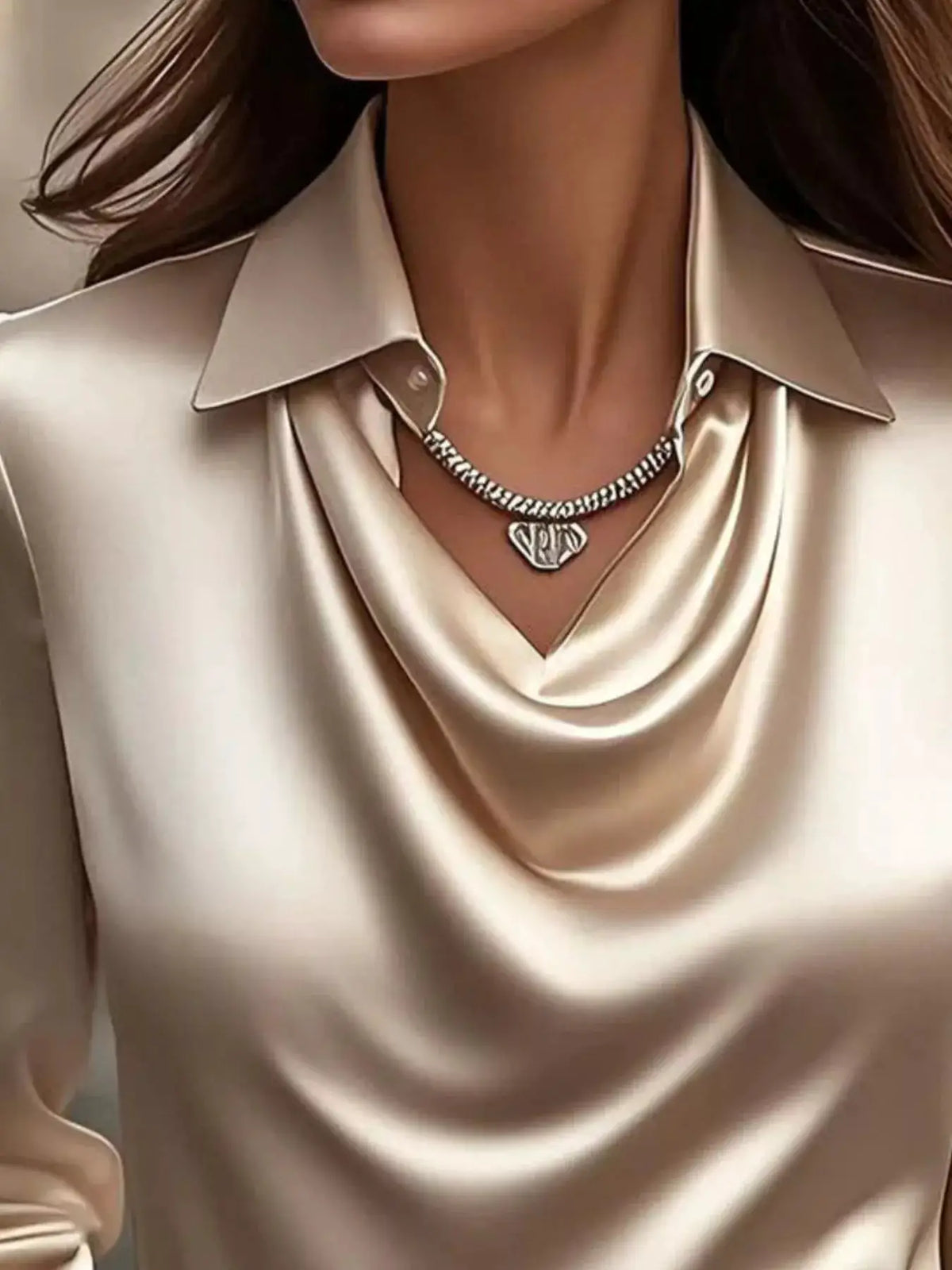 Full-size satin cowl-neck blouse, ivory, long-sleeve, plus size.