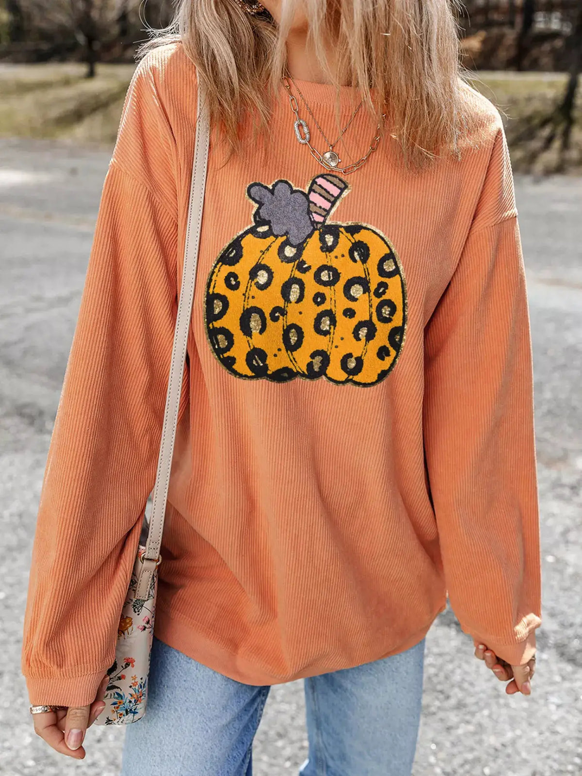 Halloween leopard pumpkin patchwork ribbed sweatshirt in orange with pumpkin graphic