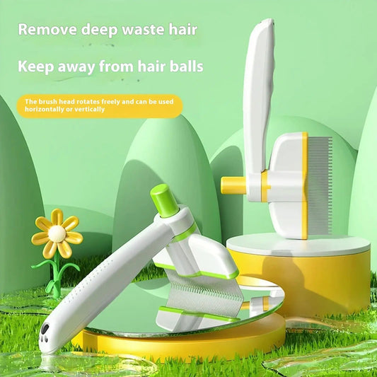 AdTec cat grooming comb with self-cleaning rotating brush head in white and yellow