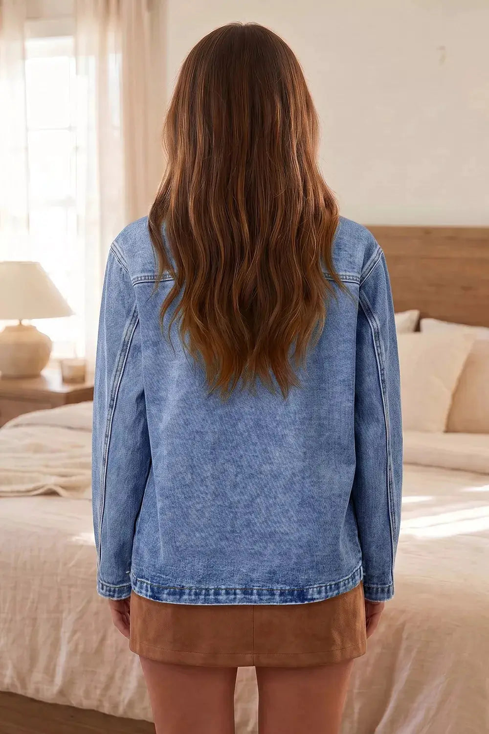 Denim jacket in blue wash with long sleeves, back view, Trendsi