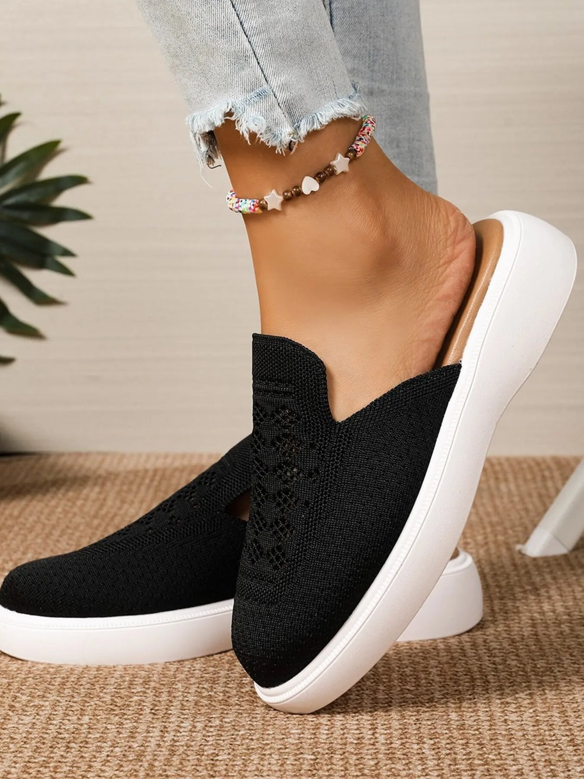 Mesh Round Toe Platform Slip-Ons by Trendsi, black mesh upper with white platform sole.