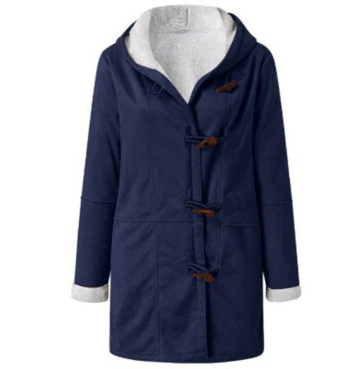 Women's Vintage Winter Coat, navy duffle style with hood, wooden toggle closures, and fleece-lined cuffs.