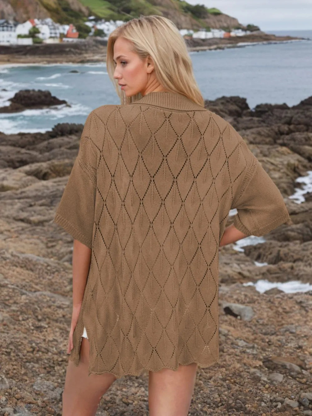 Womens Button Down Eyelet Collared Neck Knit Shirt, beige knit with eyelet pattern and short sleeves, Trendsi