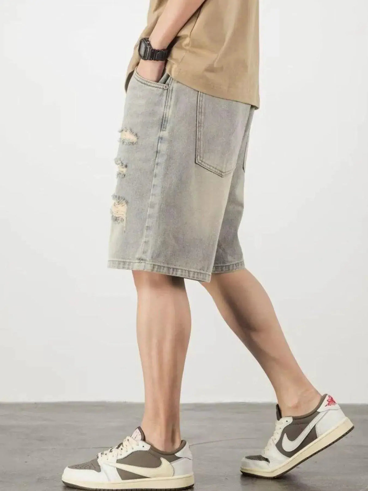 Men's distressed denim shorts, light gray wash, plus-size relaxed cotton fit