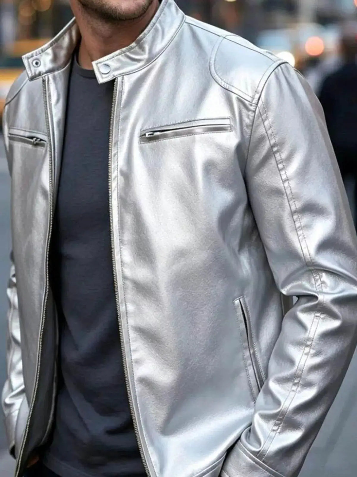 Men's faux leather bomber jacket, metallic silver, zip pockets, plus-size