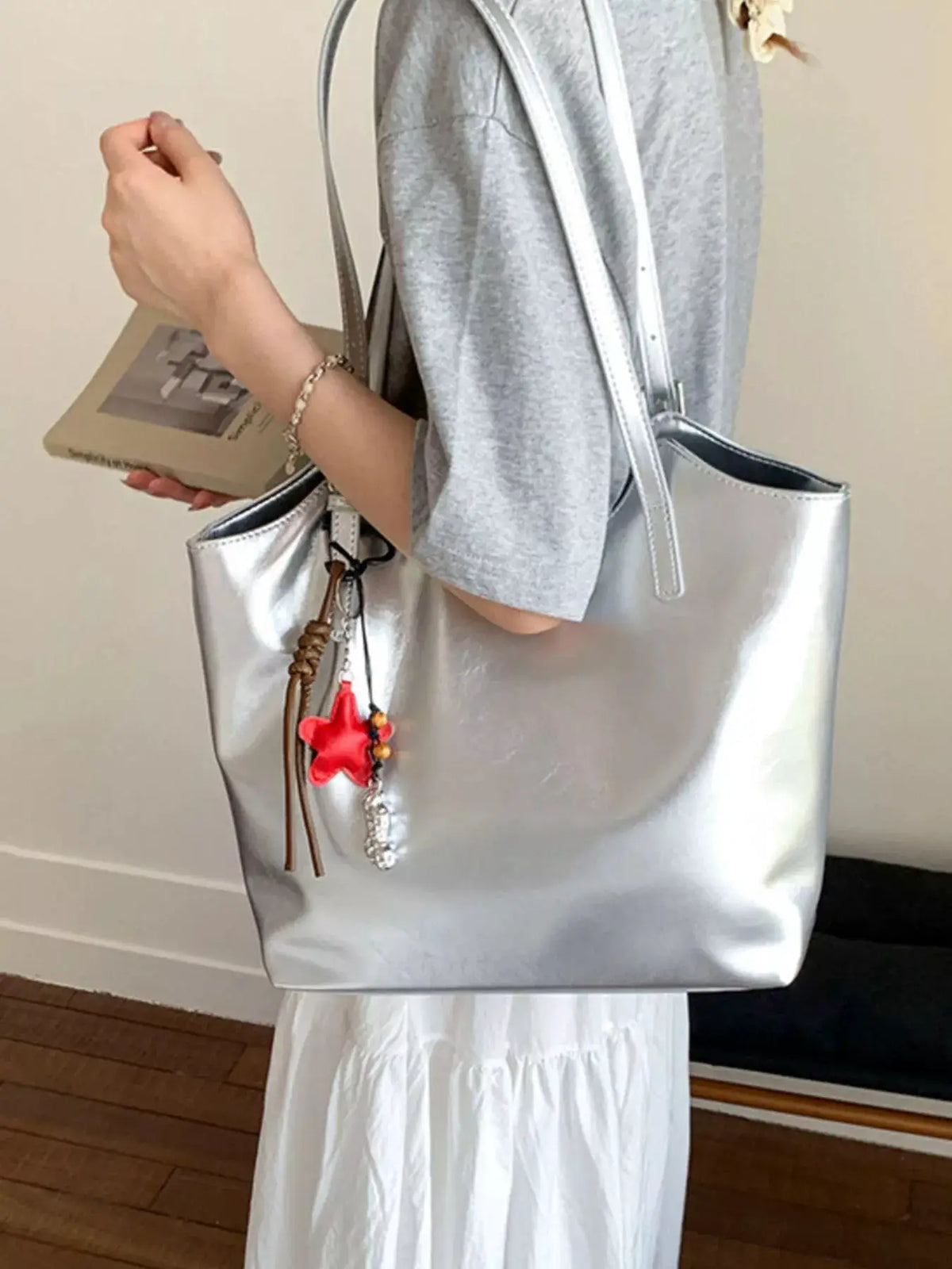PU Leather Shoulder Bag by Trendsi in metallic silver with long adjustable strap