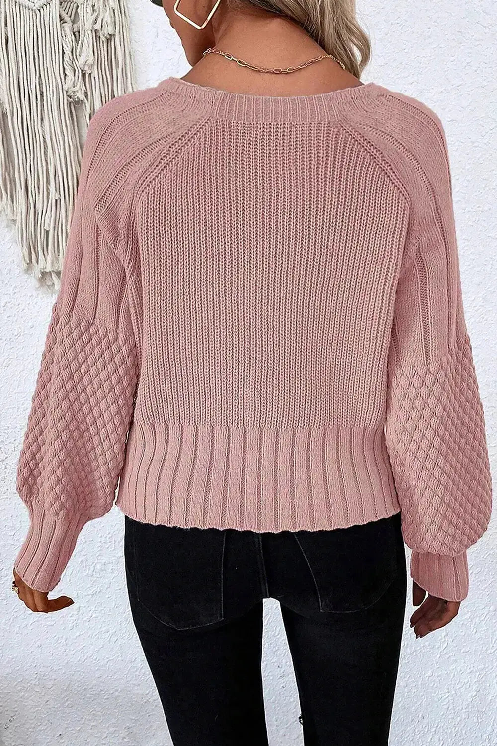 V-Neck Button-Down Cardigan in dusty pink knit with ribbed hem and textured puff sleeves
