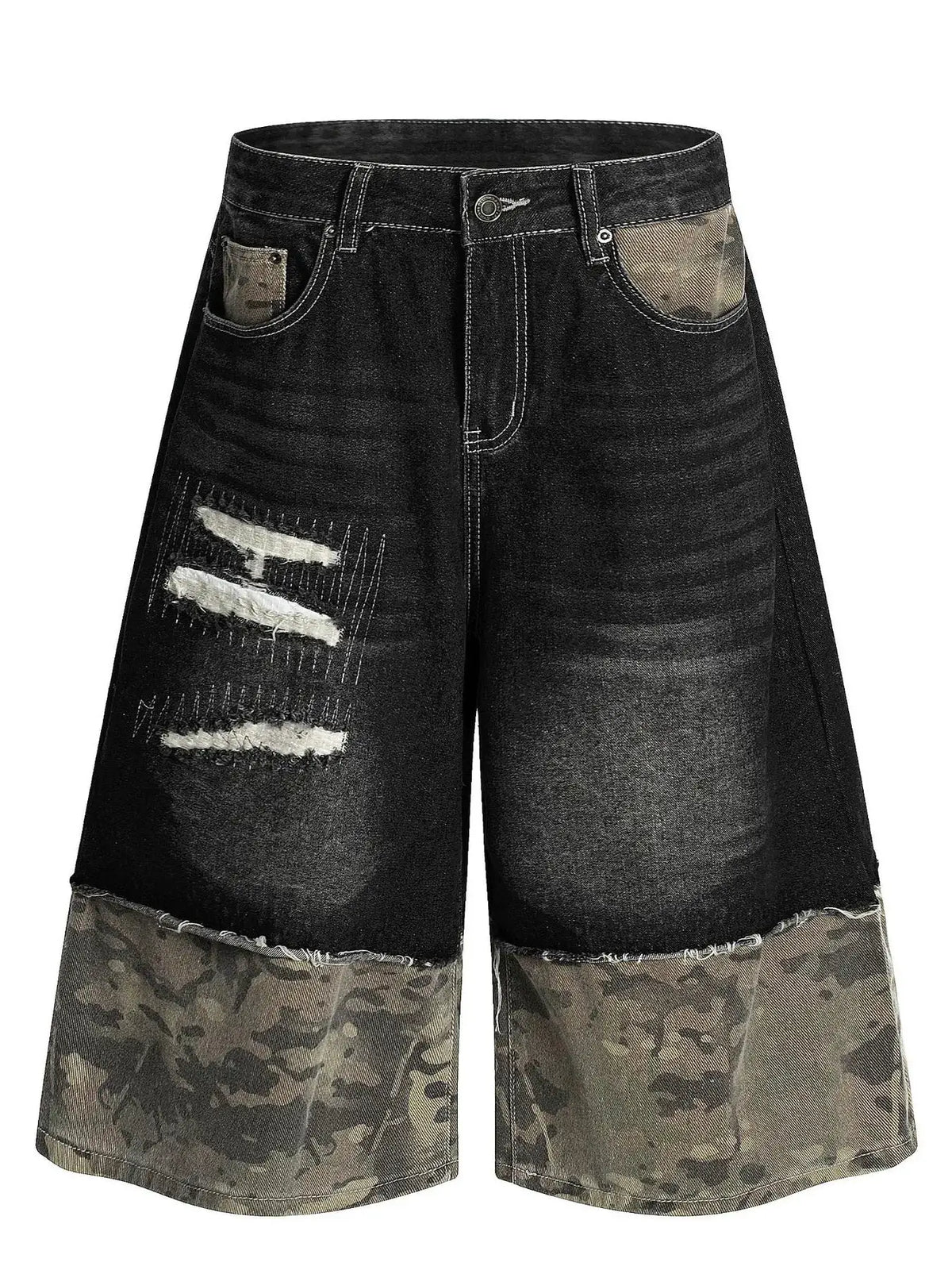 Mens Distressed Camo Panel Denim Shorts with Cotton Stretch, black denim with camo panels