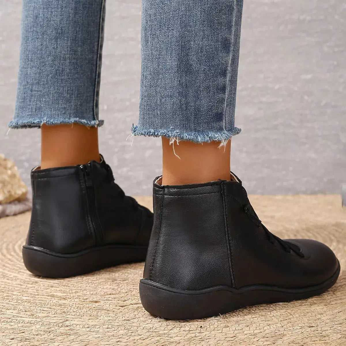 Lace-Up Faux Leather Ankle Boots, black, Trendsi, pair shown