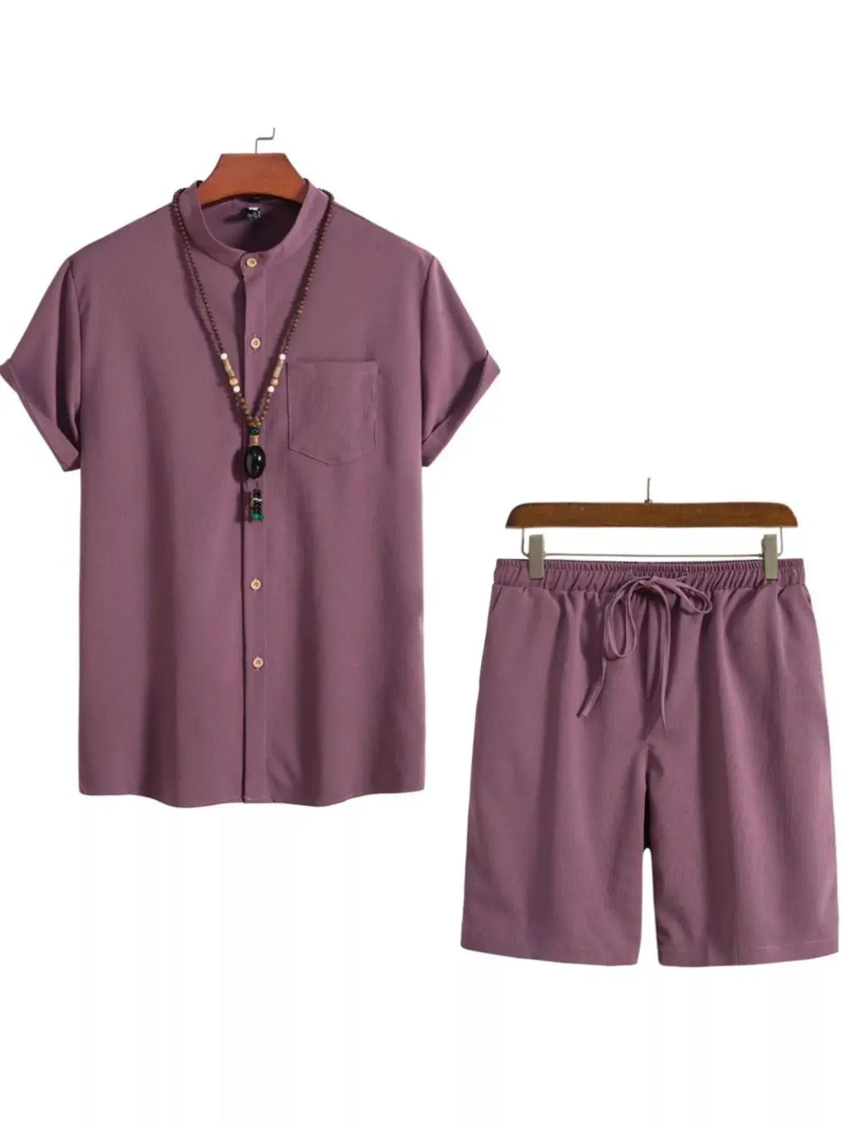 Plus-size men's summer casual shirt and shorts set in mauve; short-sleeve button-front shirt with chest pocket