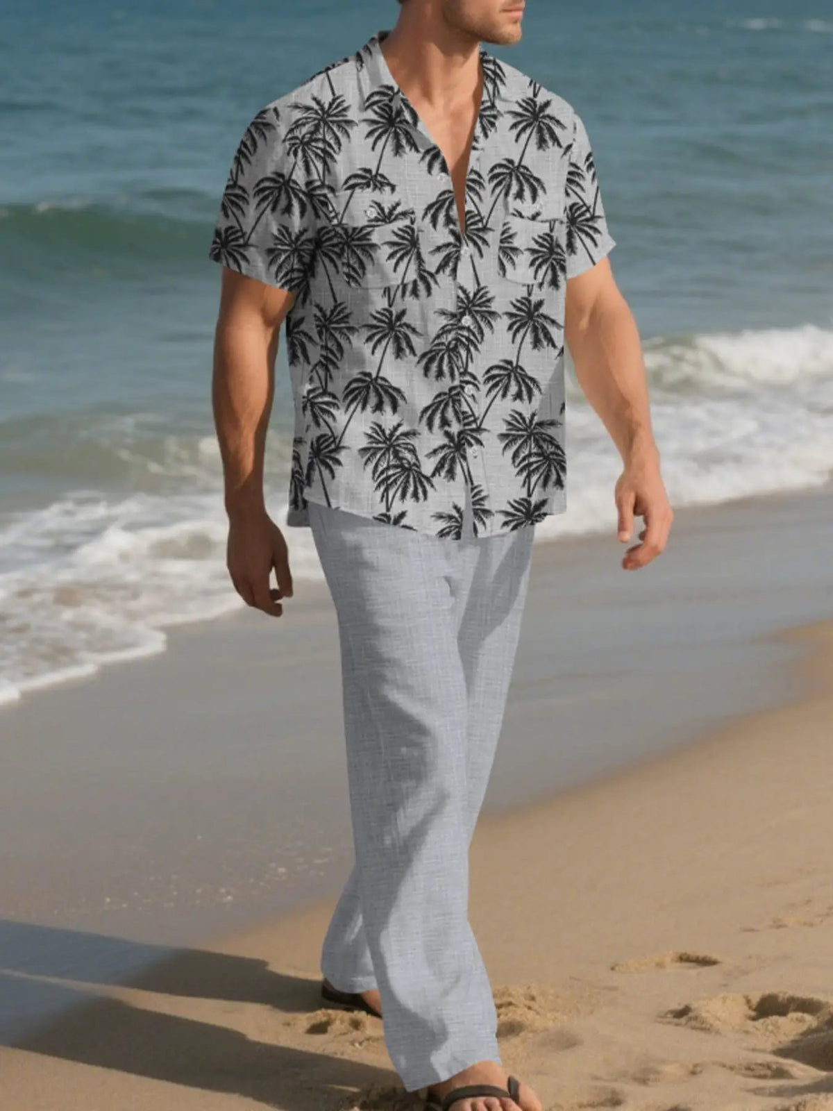 Men's plus-size tropical palm-print button-up shirt and matching light-gray pants set by Trendsi