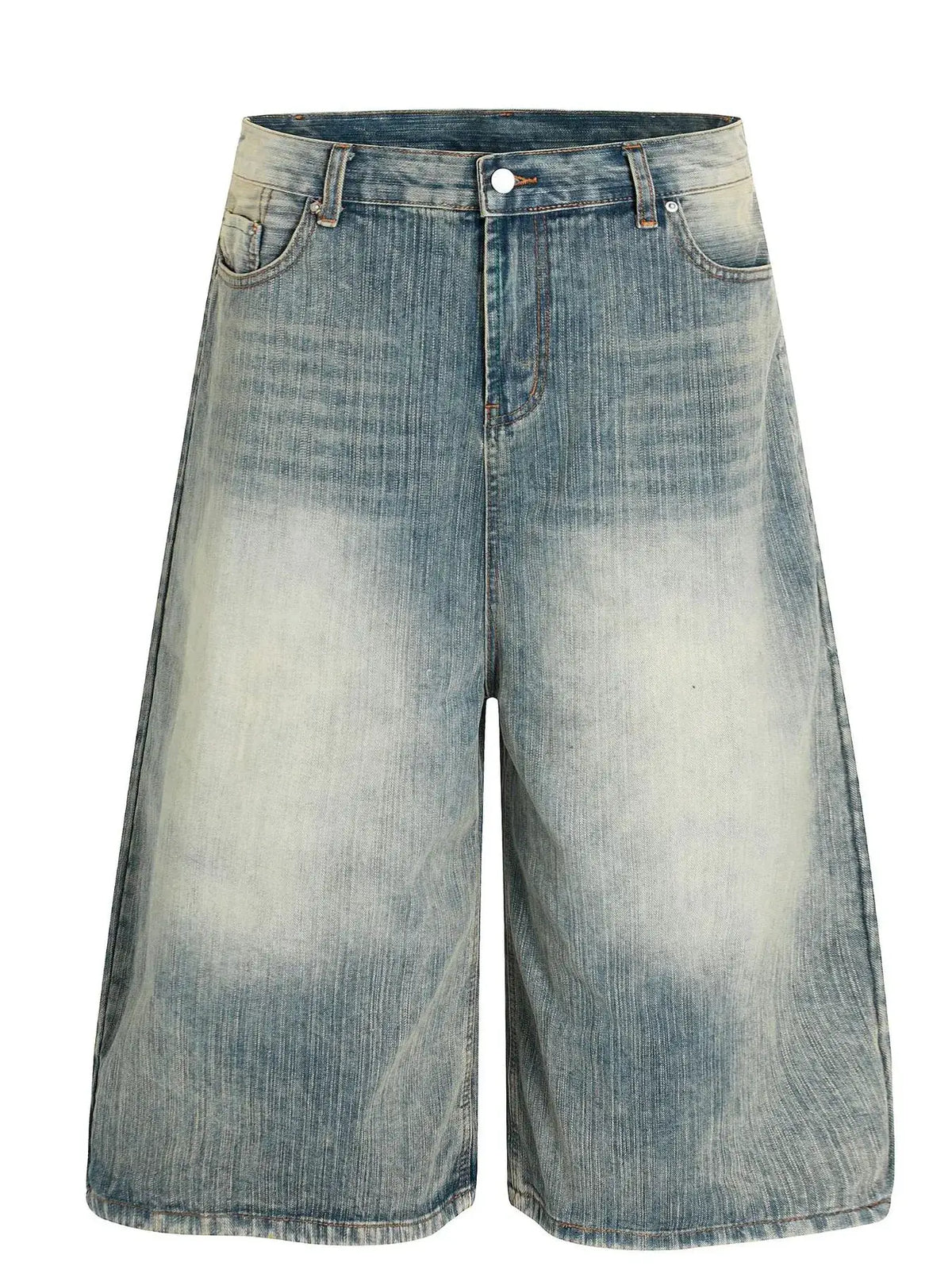 Mens washed wide-leg denim shorts with stretch and vintage detailing, light blue fade