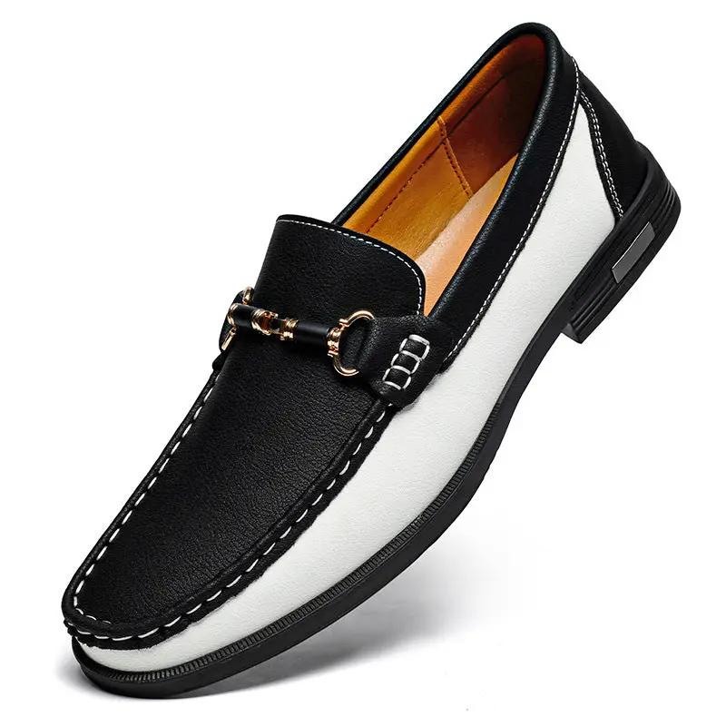 Meridian genuine leather moccasin slip-on flats by AdTec, black and white two-tone with gold horsebit
