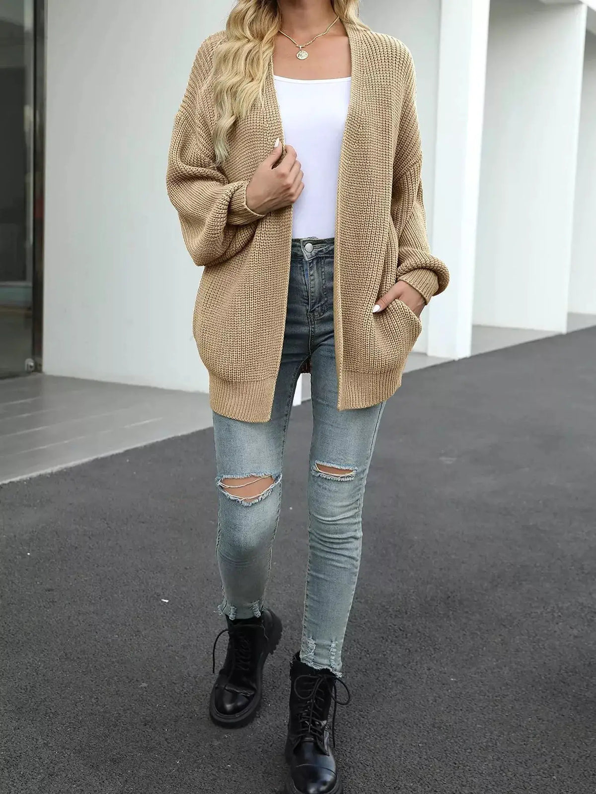 Trendsi oversized chunky knit open-front cardigan in camel beige with pockets.