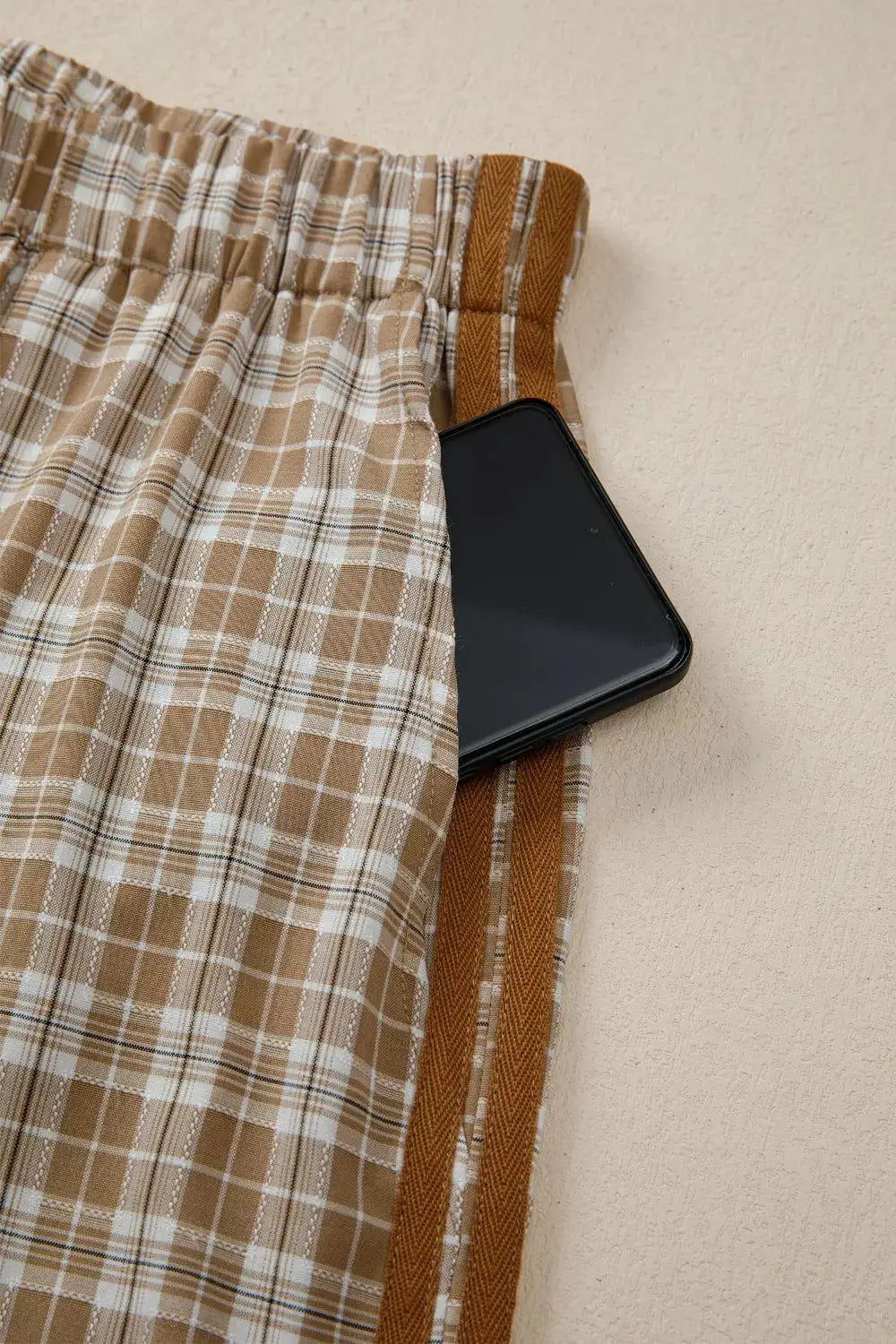Plaid Print Tie Detail Casual Pants, beige plaid with brown side straps