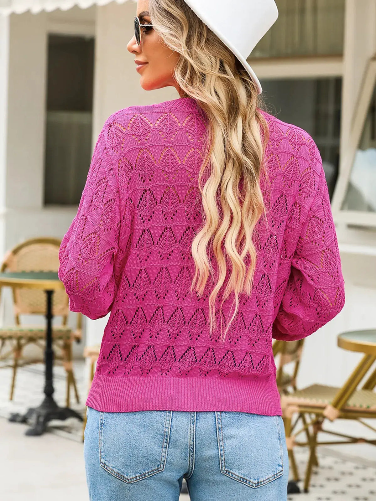 Button Front Openwork Cardigan With Textured Stretch Detail in pink, back view on model