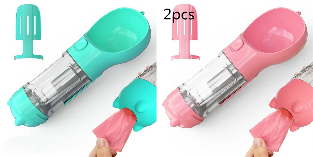 Pet water bottle feeder bowl with waste bag storage; turquoise and pink 2-piece travel set