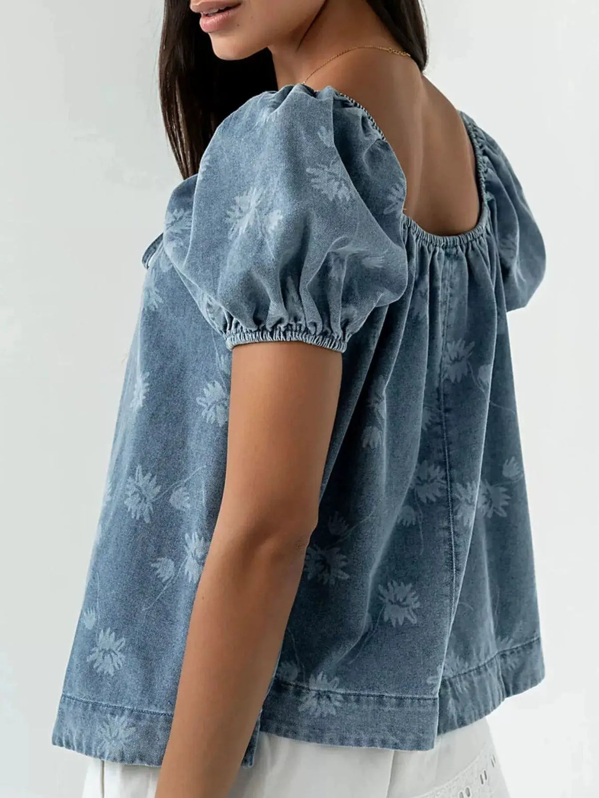 Women floral print puff-sleeve denim cotton-blend top in blue wash