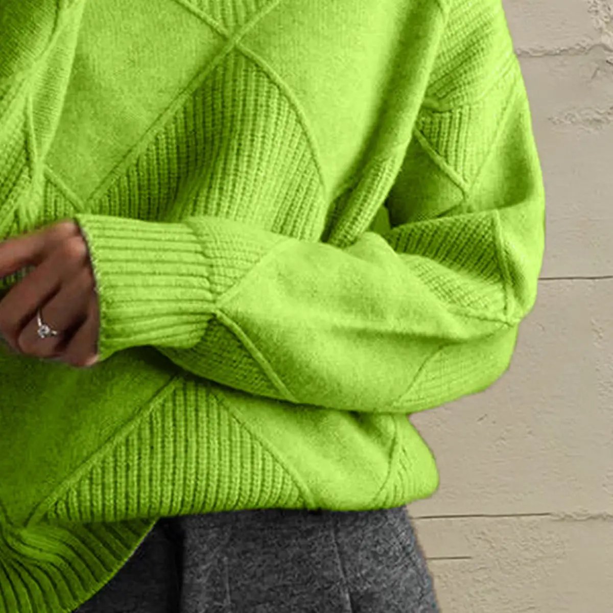 Geometric knit sweater neon lime green, oversized long sleeves with diamond panel texture, stretch knit