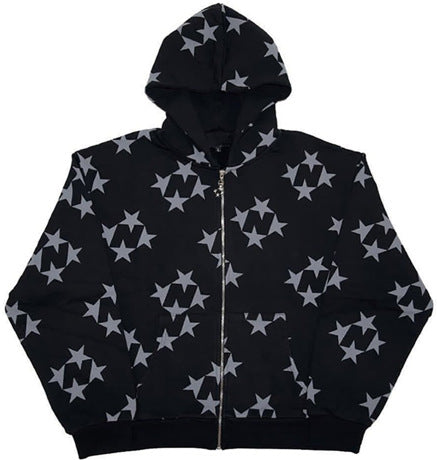 Cardigan à Capuche Zippé Imprimé Étoiles, Vêtement d'Extérieur Tendance pour Couple, Sweat-shirt à Capuche, Manteau Homme Femme Streetwear