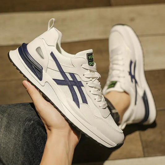 AeroStride Men Summer Breathable Mesh Running Sneakers; white with navy side stripes, 2 shoes shown on wooden floor