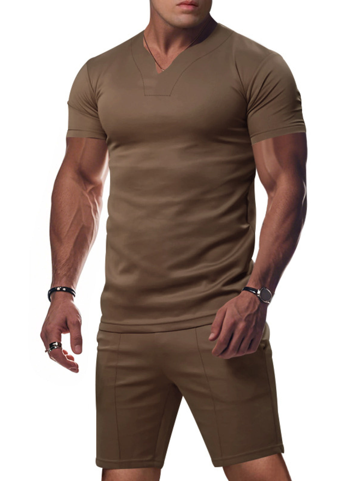 Men's plus-size two-piece tan V-neck short-sleeve T-shirt and shorts set by Trendsi.