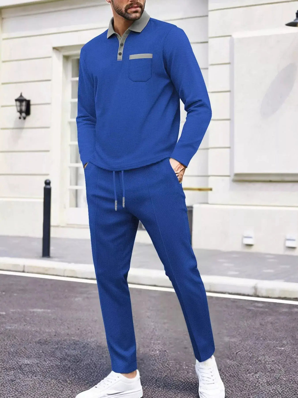 Mens long-sleeve two-piece set in blue; plus-size stretchy top and pants by Trendsi