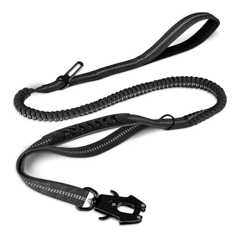 AdTec dog leash with frog buckle, tactical black paracord rope, hand-held loop, and metal clip.