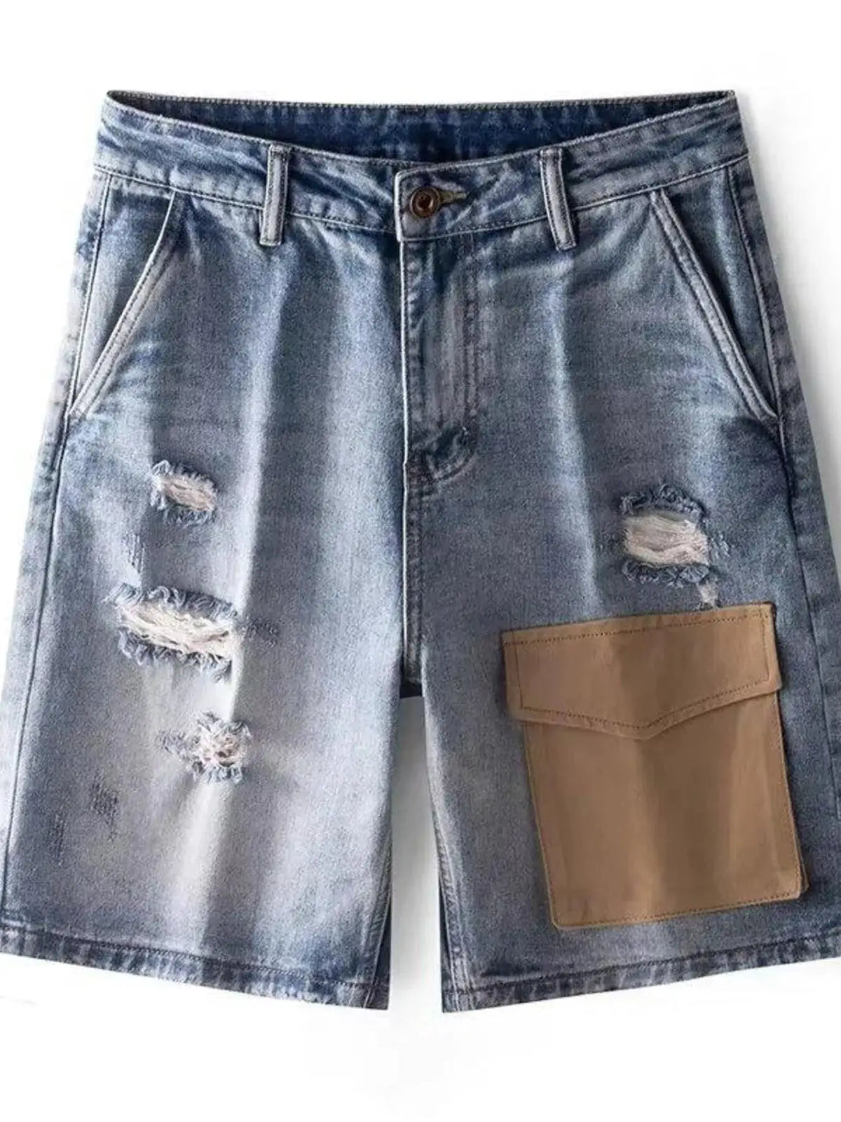 Men's distressed denim shorts with utility pockets, washed blue with torn patches and tan cargo pocket