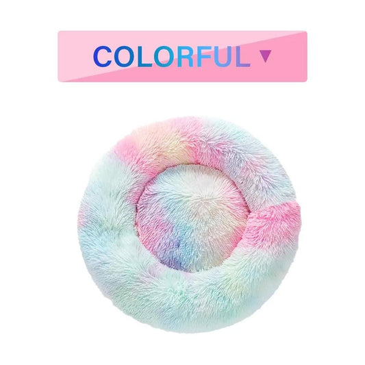 Fluffy Donut Dog Bed in pastel rainbow plush, round washable pet cushion for dogs and cats