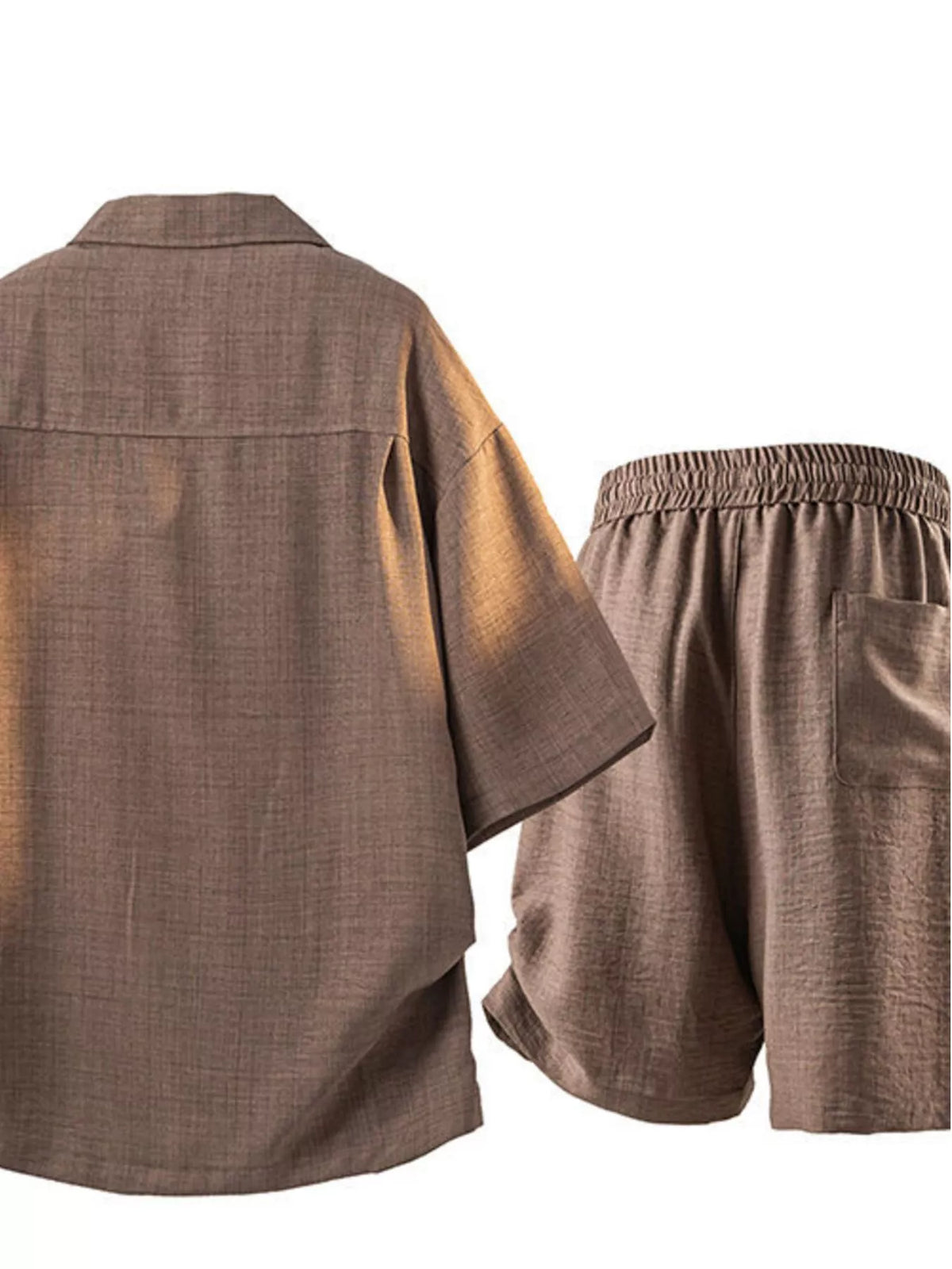 Men's plus-size button-up short-sleeve shirt and elastic-waist shorts set in taupe by Trendsi
