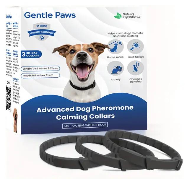 Advanced Dog Pheromone Calming Collars by Gentle Paws; three black collars in packaging.