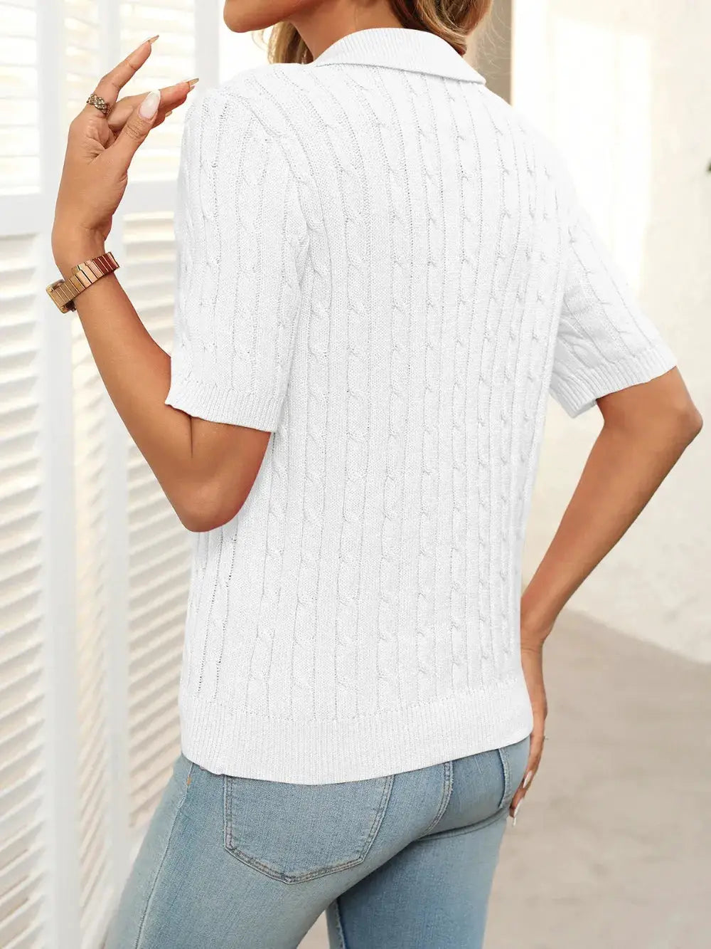Soft Cable-knit Half Sleeve Sweater in white; casual pullover top for women