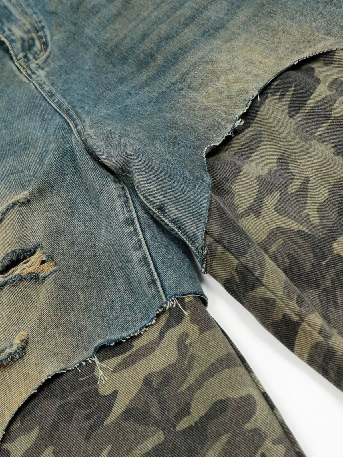 Men's Distressed Camo Patchwork Denim Shorts, relaxed fit, blue denim with camouflage panels