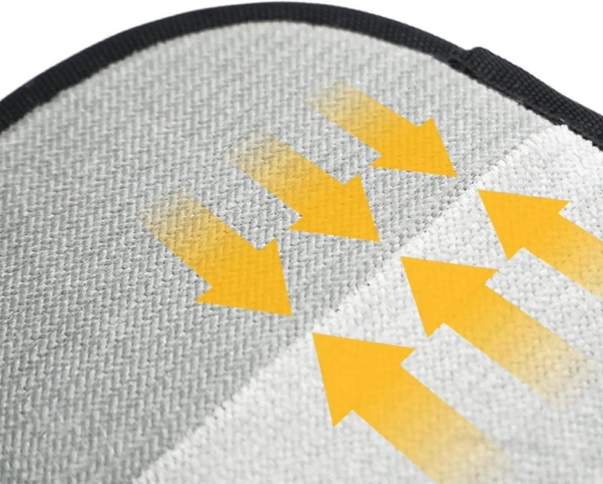 AdTec pet hair removal glove close-up; grey textured fabric, black edge, yellow arrow pattern
