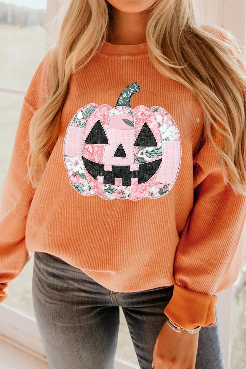 Patchwork pumpkin graphic corded ribbed round-neck tunic sweatshirt in orange