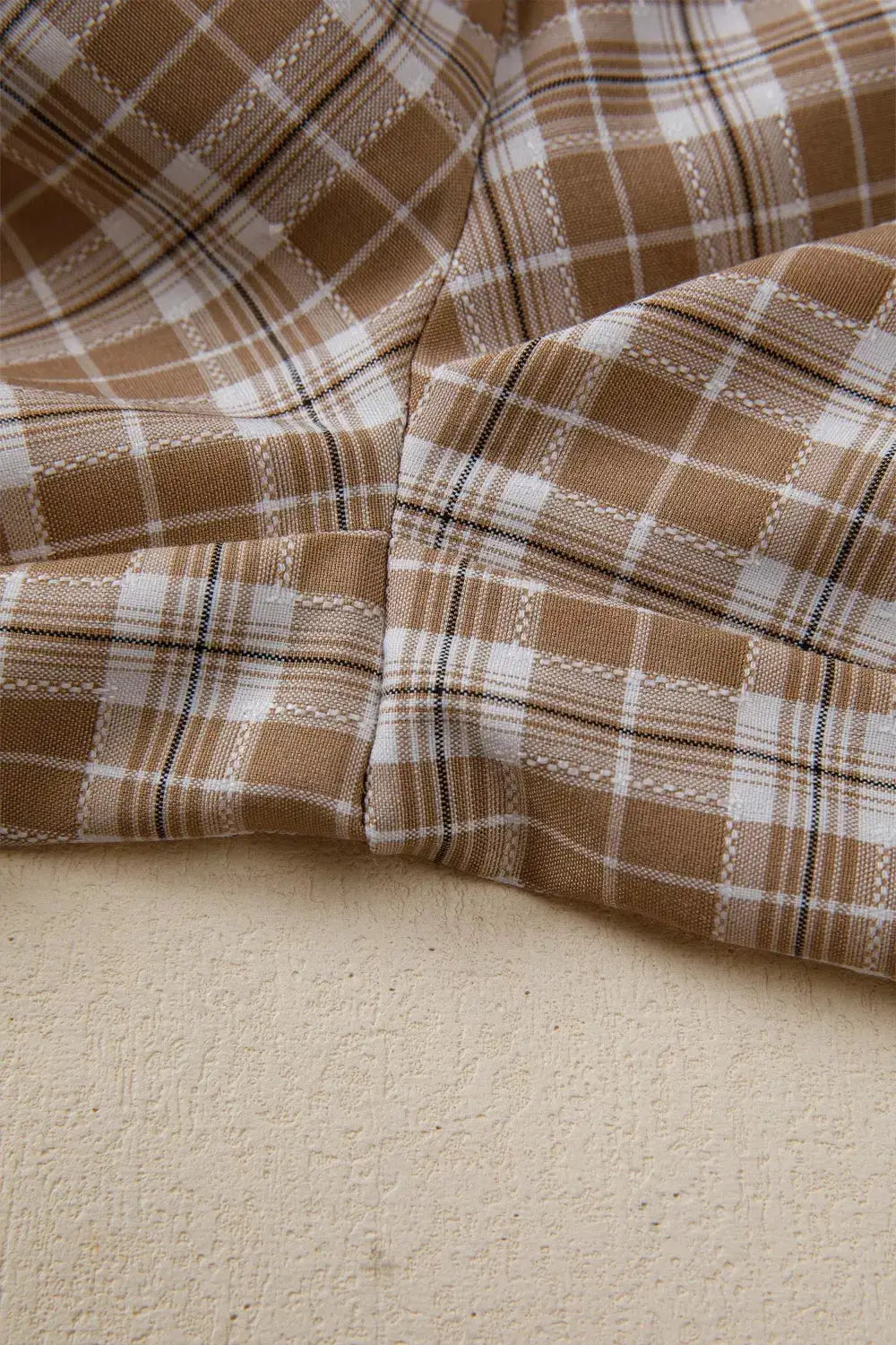 Plaid print casual pants by Trendsi, tan brown with white grid pattern
