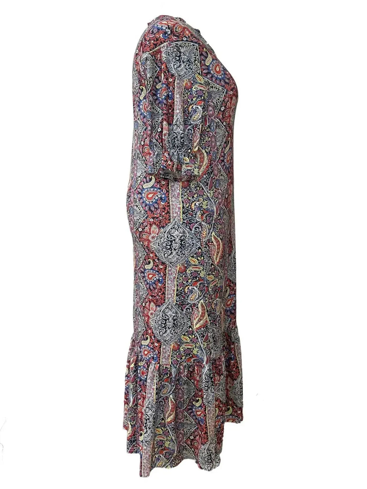 Dress: Trendsi bohemian paisley print midi dress with ruffle hem in red and navy, plus size.
