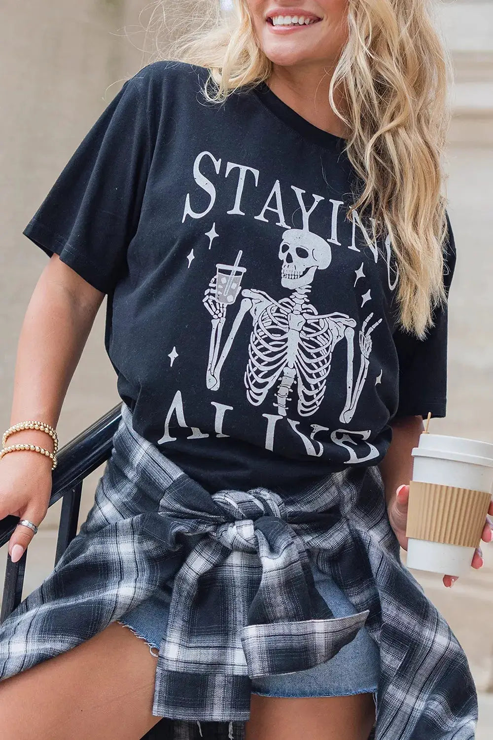 STAYING ALIVE funny skeleton graphic round-neck T-shirt, black, Trendsi