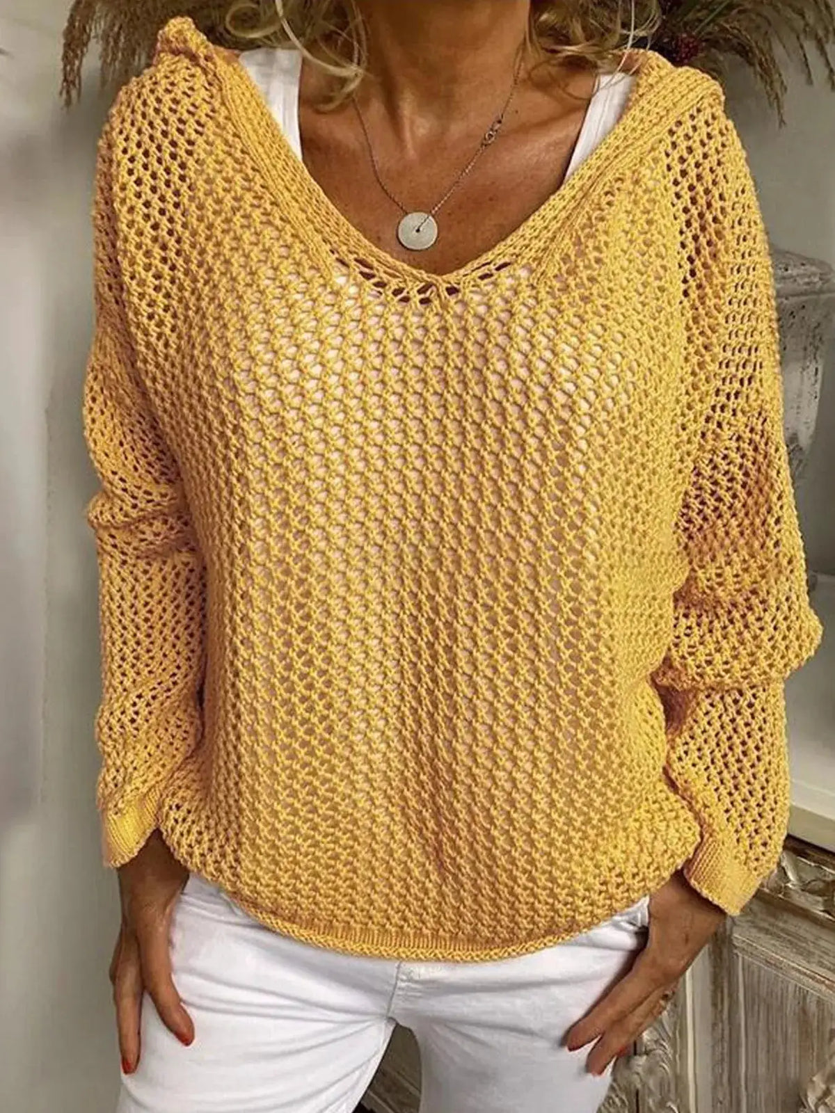Openwork knit beach cover-up in yellow with long sleeves