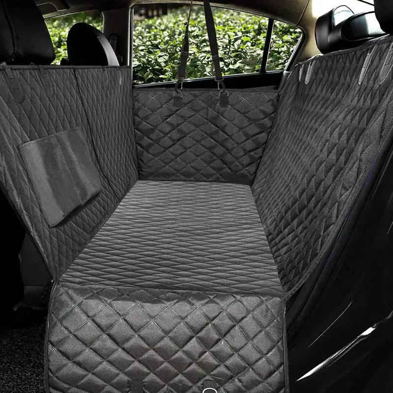 Dog car seat cover in gray quilted fabric, rear hammock-style back-seat protector with pocket