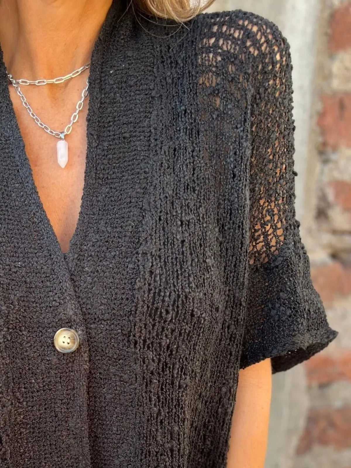 Plus-size one-button openwork cardigan, black sheer knit casual sweater by Trendsi