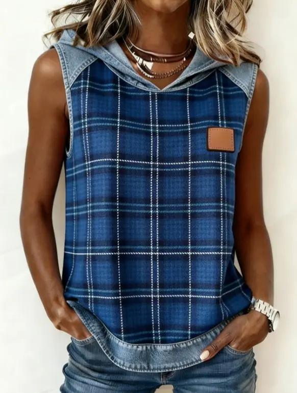 Denim hooded sleeveless vest in blue plaid, cropped top style with brown leather patch.