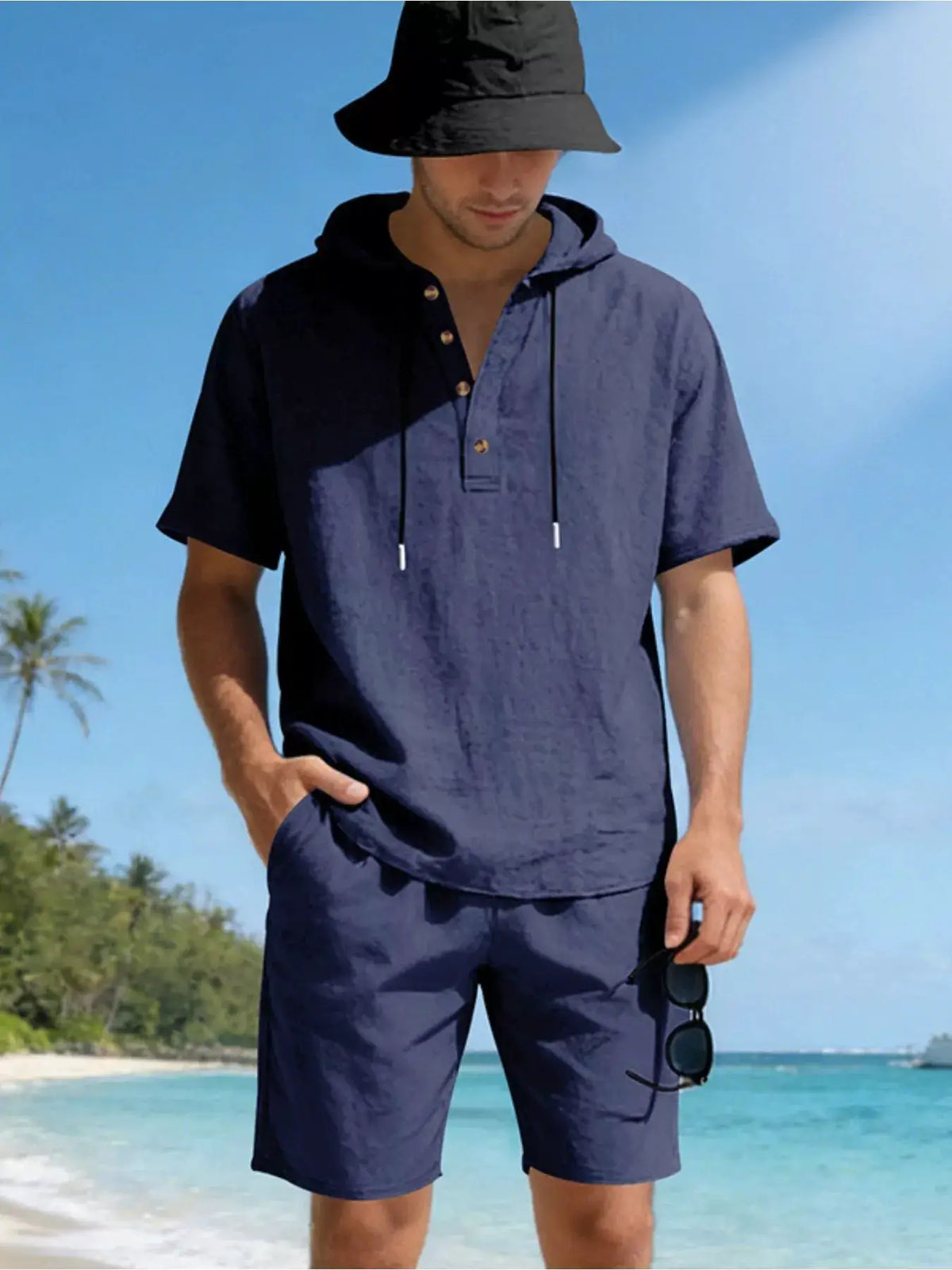 Men's linen-blend hooded top and shorts two-piece outfit in navy by Trendsi