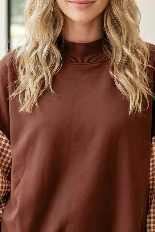 Plaid sleeve colorblock loose tunic sweatshirt by Trendsi, brown body with plaid sleeves
