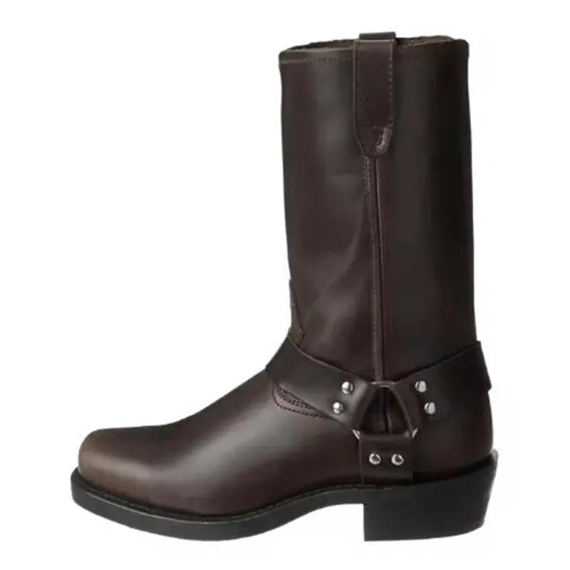 Vintage AdTec men's western boot in dark brown leather with strap accents and genuine leather soles.