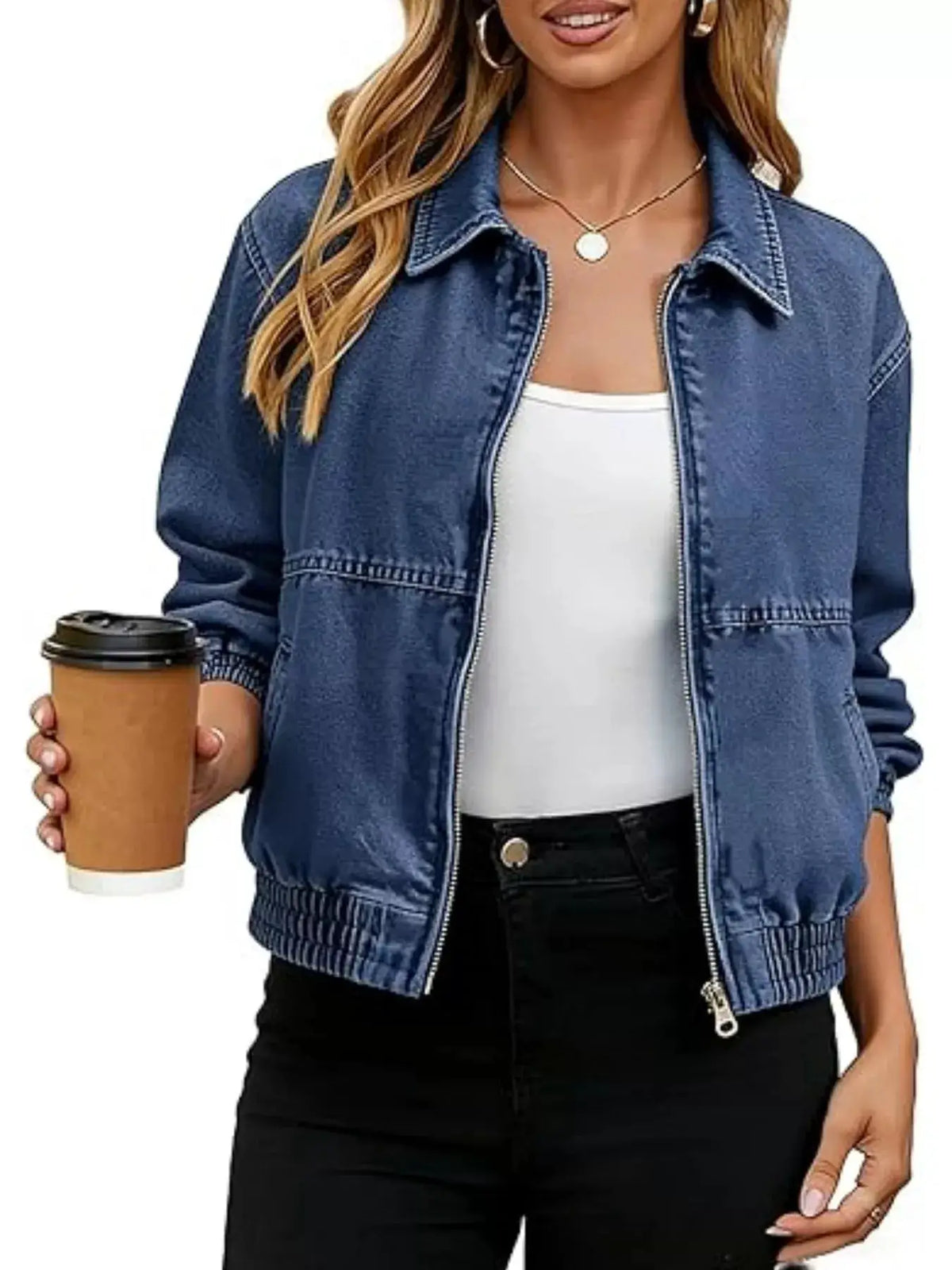 Trendsi Classic Soft Wash Zip Up Denim Jacket with Comfortable Stretch, blue denim