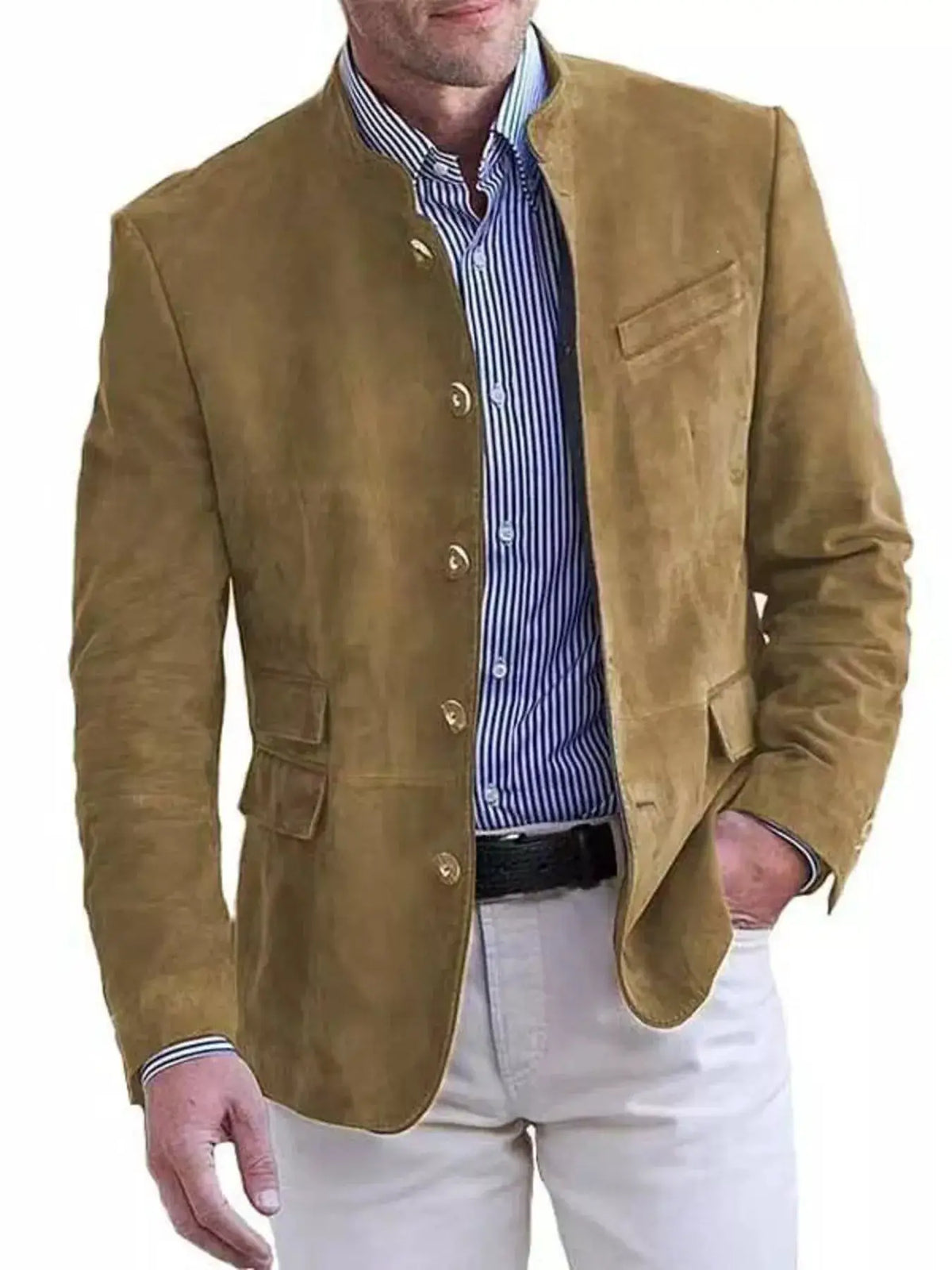 Men's plus-size tan blazer in suede-like fabric, long sleeve, button-front with brass buttons and pockets.